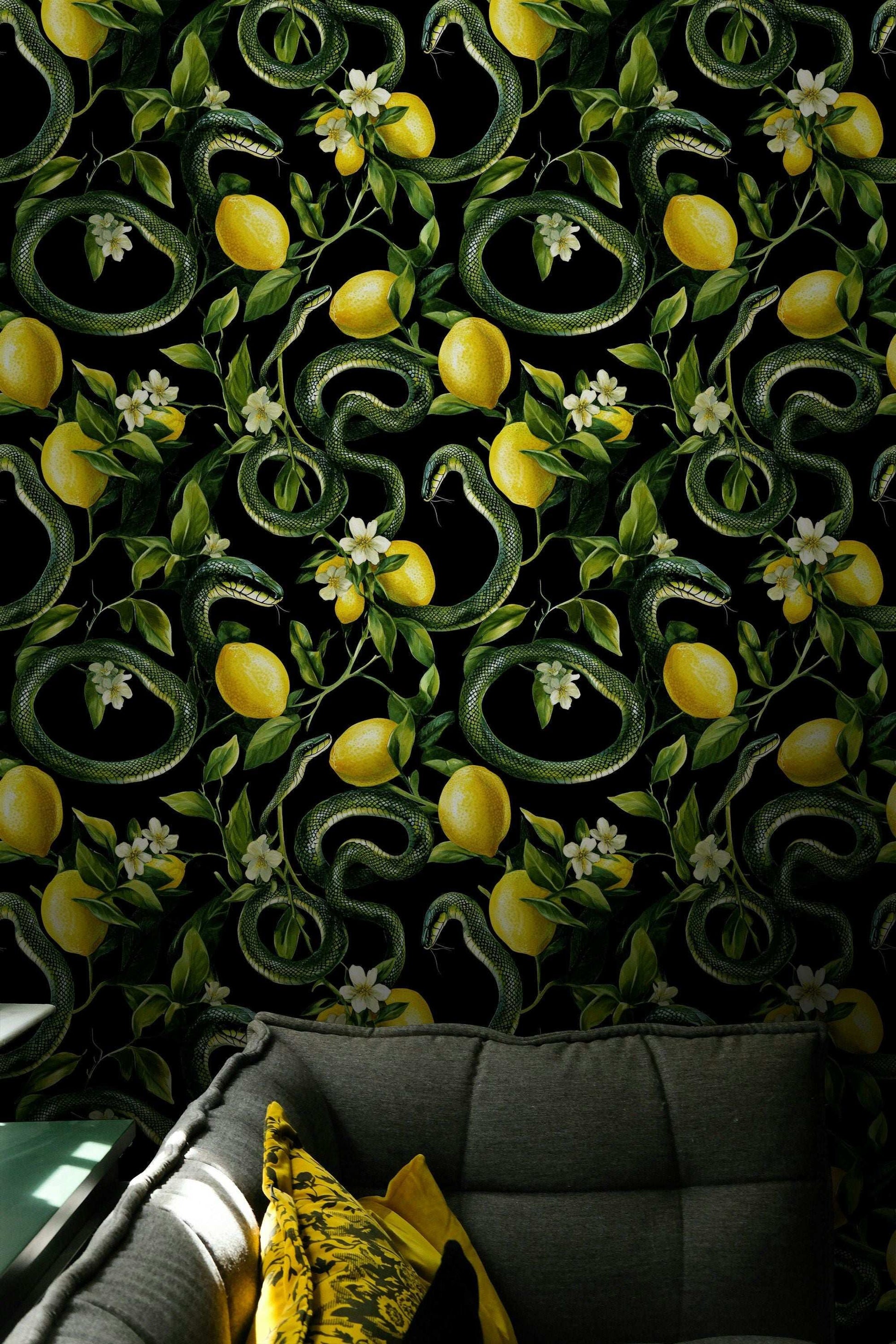 Exotic Snake Wallpaper Botanical Jungle Wall Mural Lemon Pattern Peel and Stick Roll