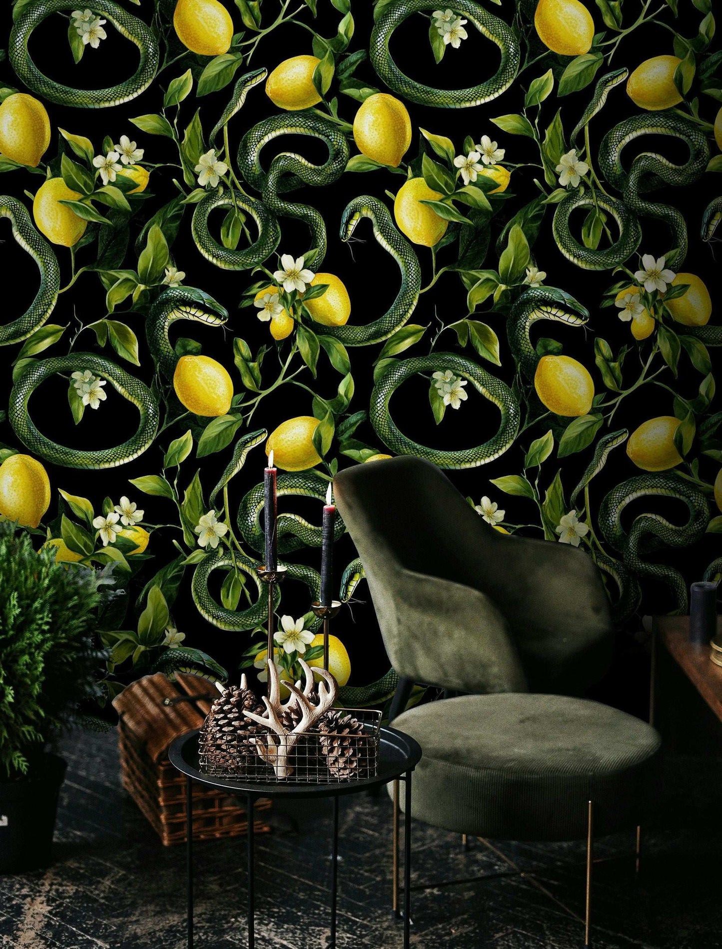 Exotic Snake Wallpaper Botanical Jungle Wall Mural Lemon Pattern Peel and Stick Roll