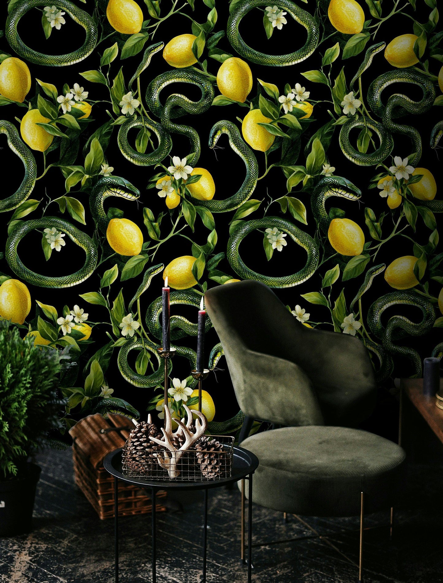 Exotic Snake Wallpaper Botanical Wall Mural Lemon Pattern