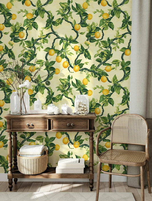 Lemon Tree Branch Pattern Wallpaper Bright Botanical Wall Mural Fresh Citrus Decor