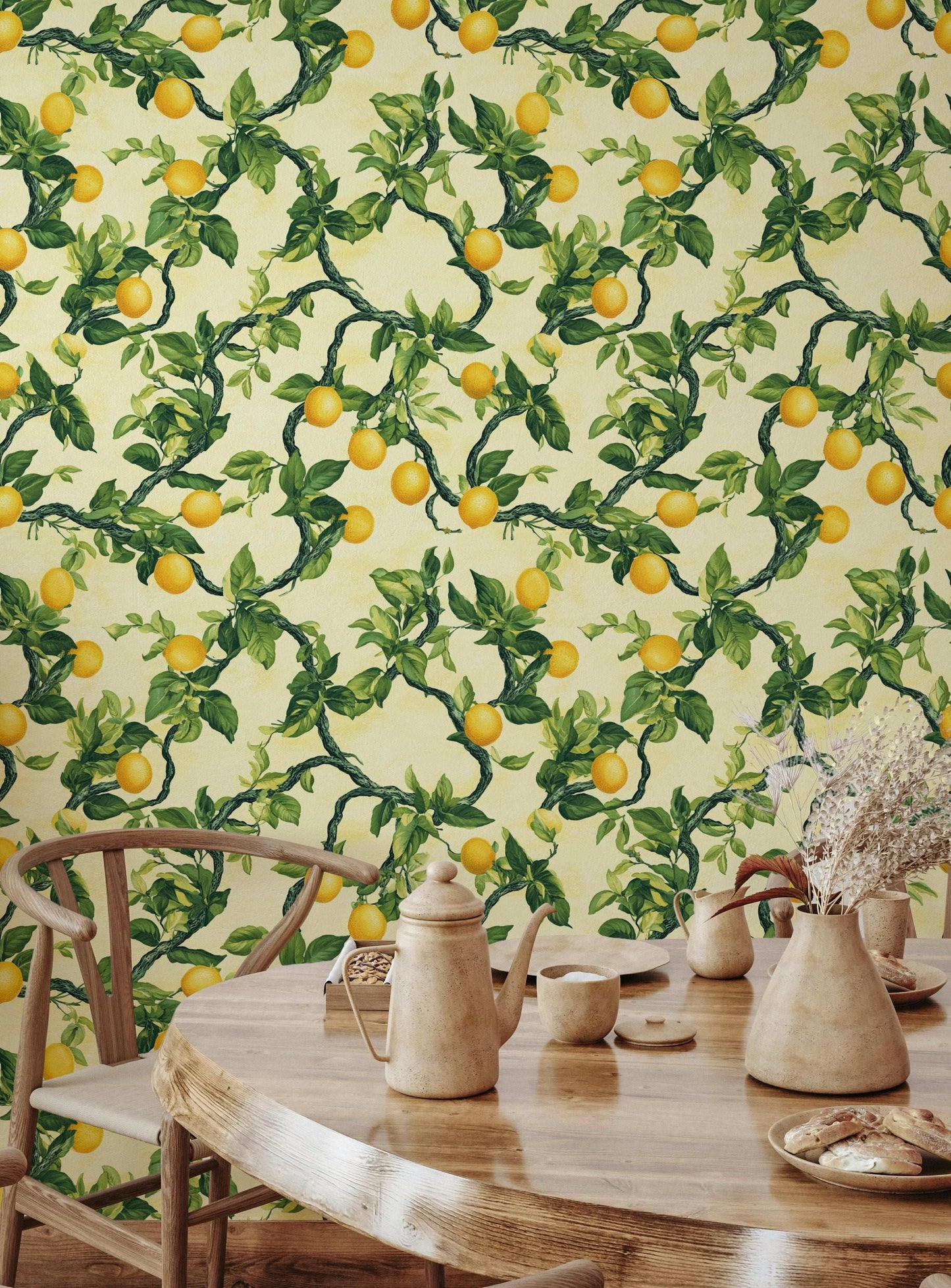 Lemon Tree Branch Pattern Wallpaper Bright Botanical Wall Mural Fresh Citrus Decor