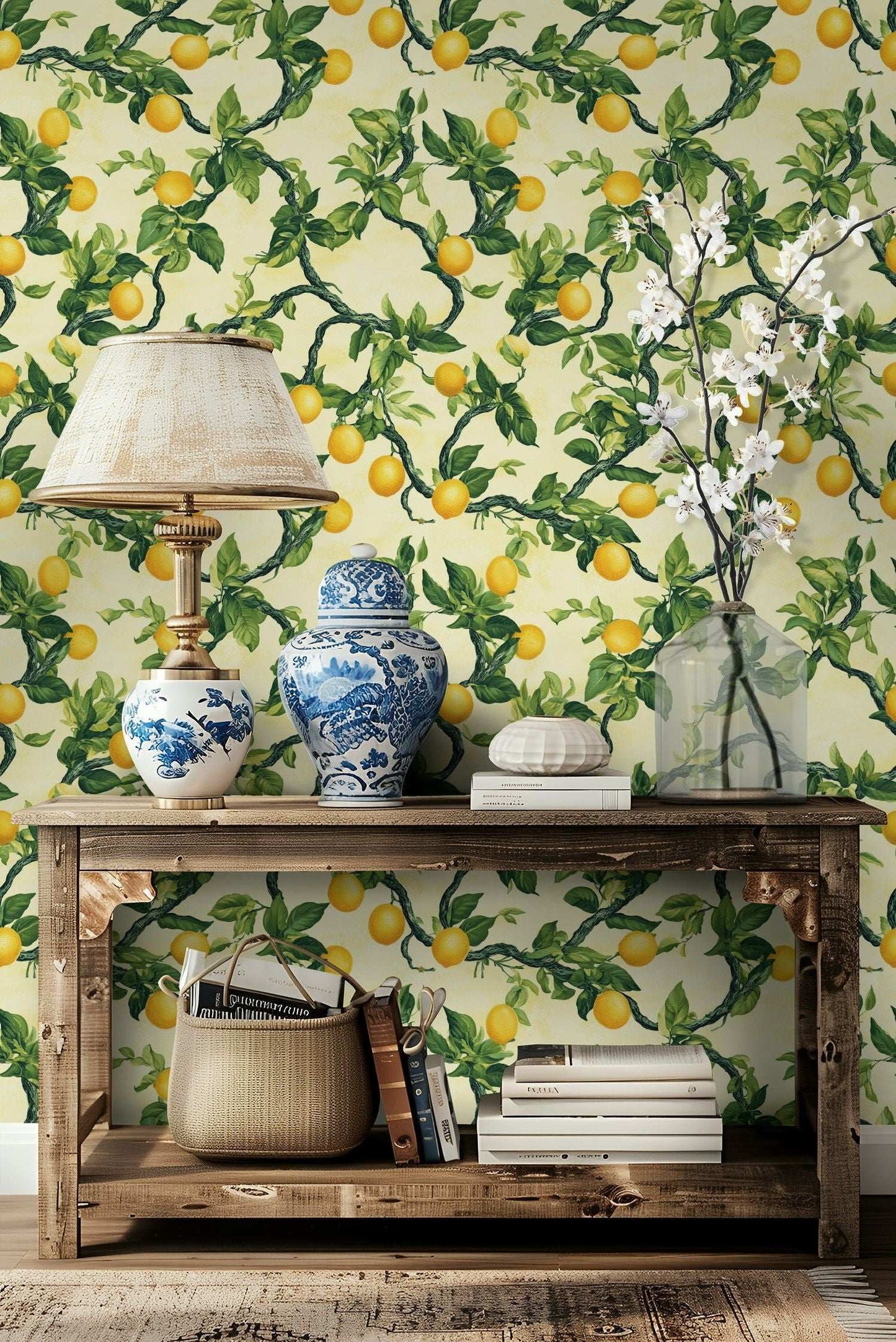 Lemon Tree Branch Pattern Wallpaper Bright Botanical Wall Mural Fresh Citrus Decor