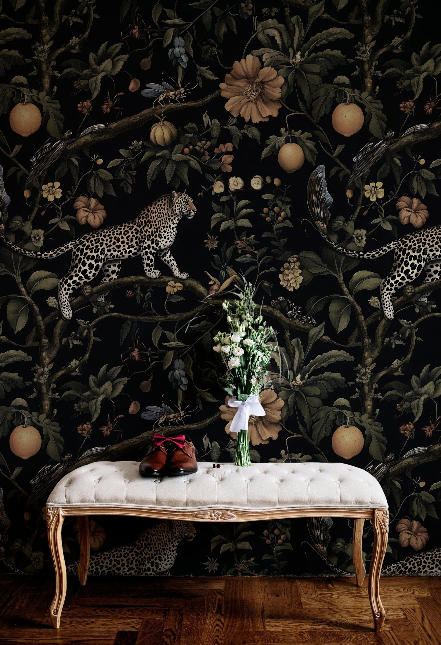 Exotic Leopard and Jungle Fruits Wallpaper Bold Dark Floral