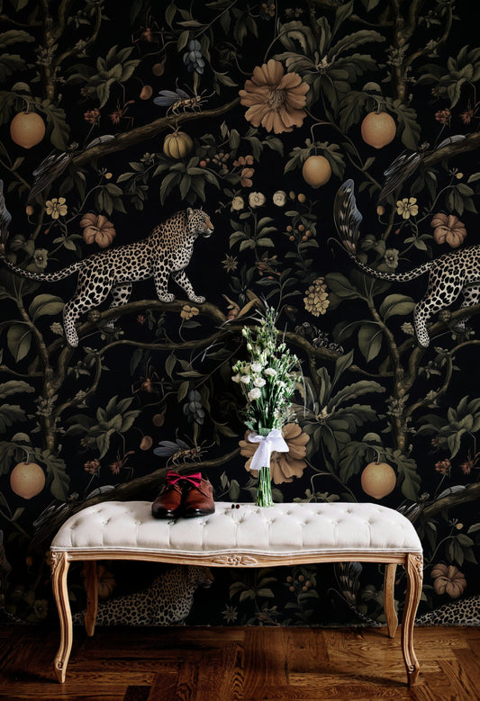 Exotic Leopard and Jungle Fruits Wallpaper Bold Dark Floral