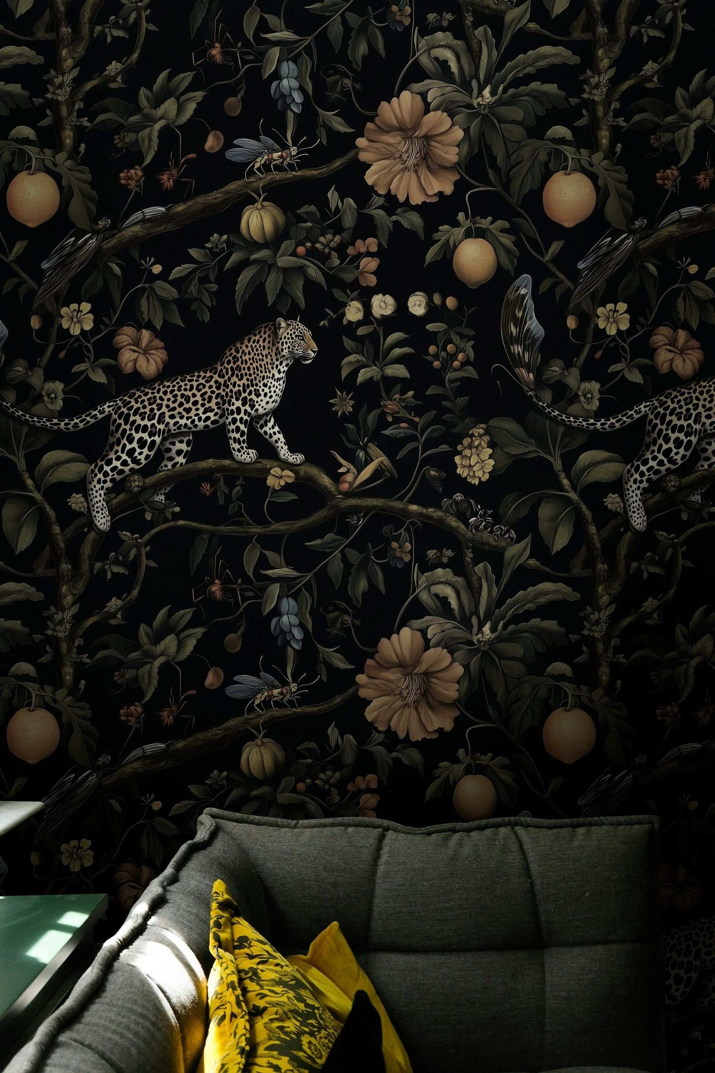 Exotic Leopard and Jungle Fruits Wallpaper Bold Dark Floral Peel and Stick Roll