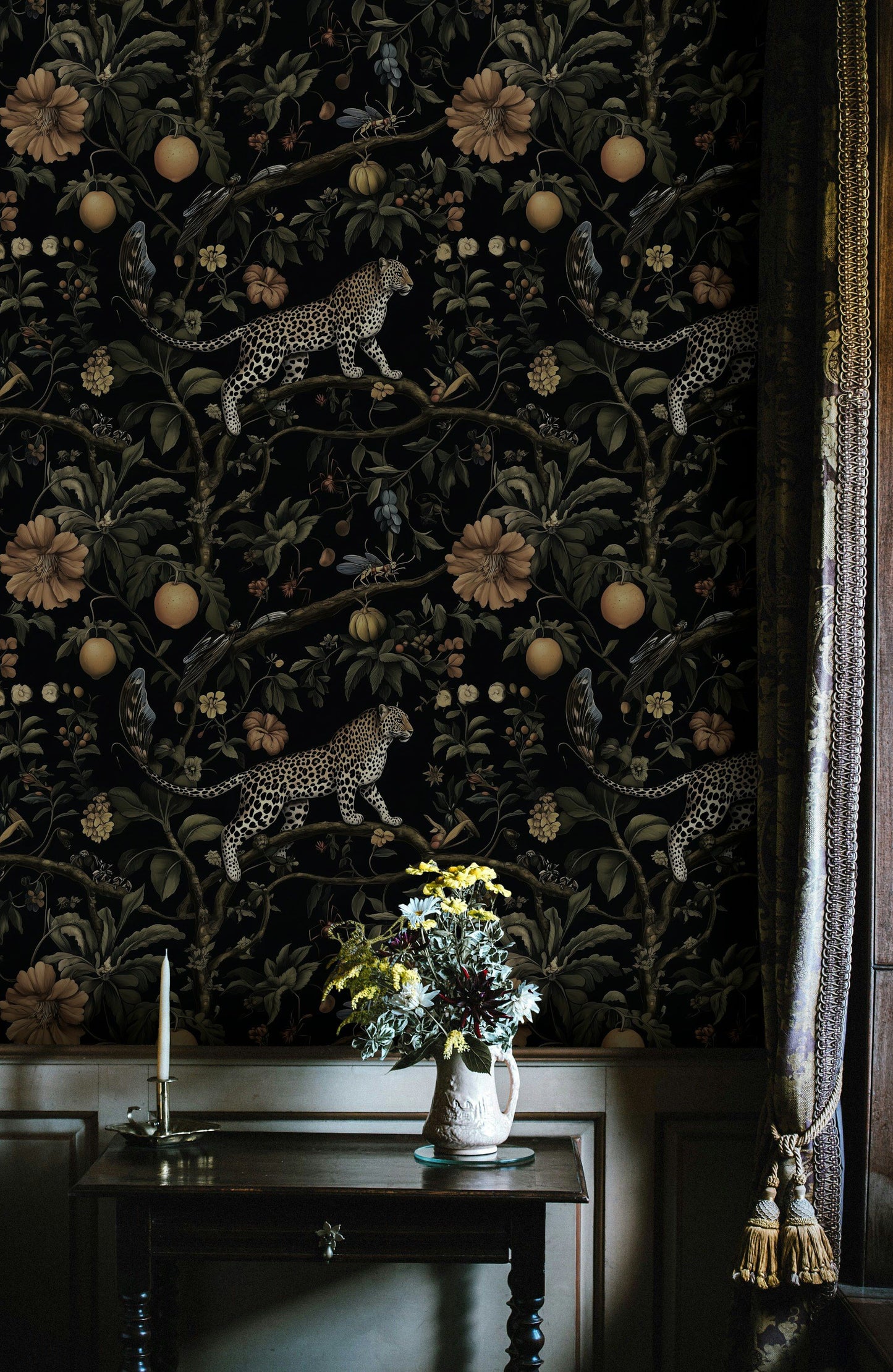Exotic Leopard and Jungle Fruits Wallpaper Bold Dark Floral