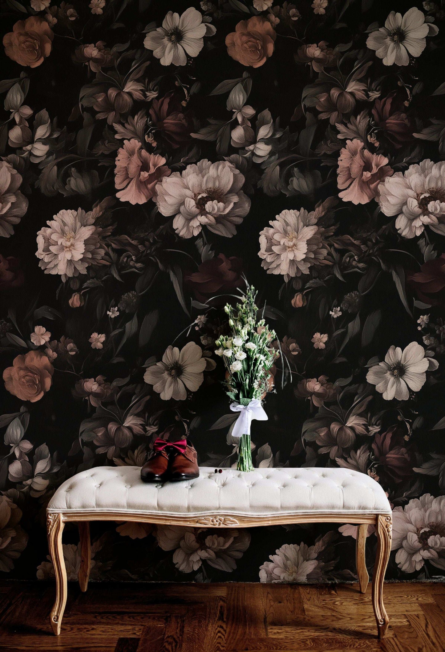 Dark Floral Wallpaper Moody Still Life Flower Mural Elegant Black Background Peel and Stick Roll