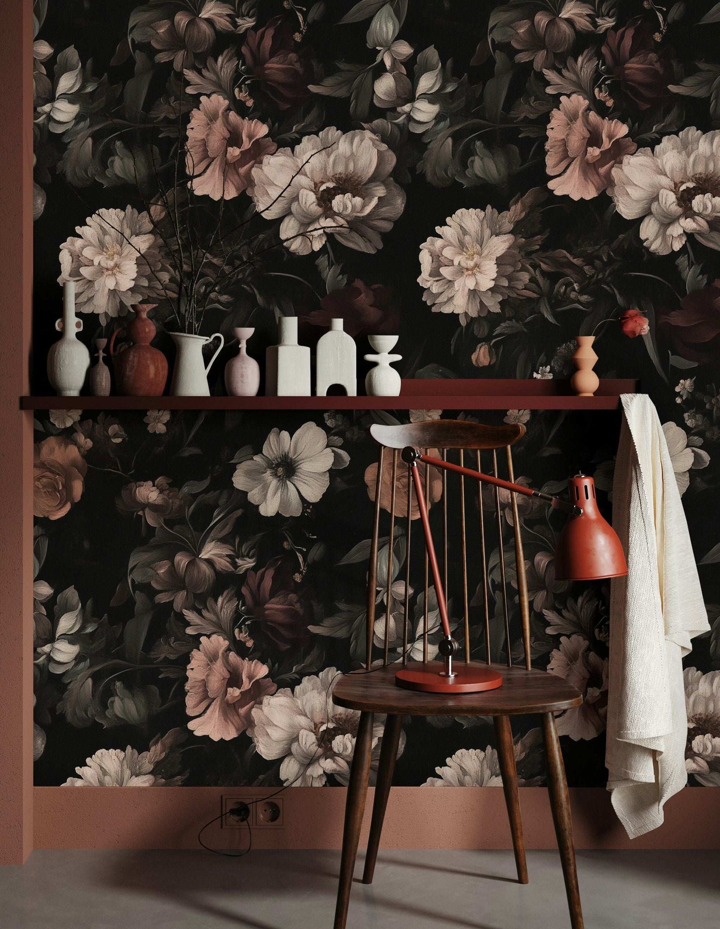 Dark Floral Wallpaper Moody Still Life Flower Mural Elegant Black Background Peel and Stick Roll