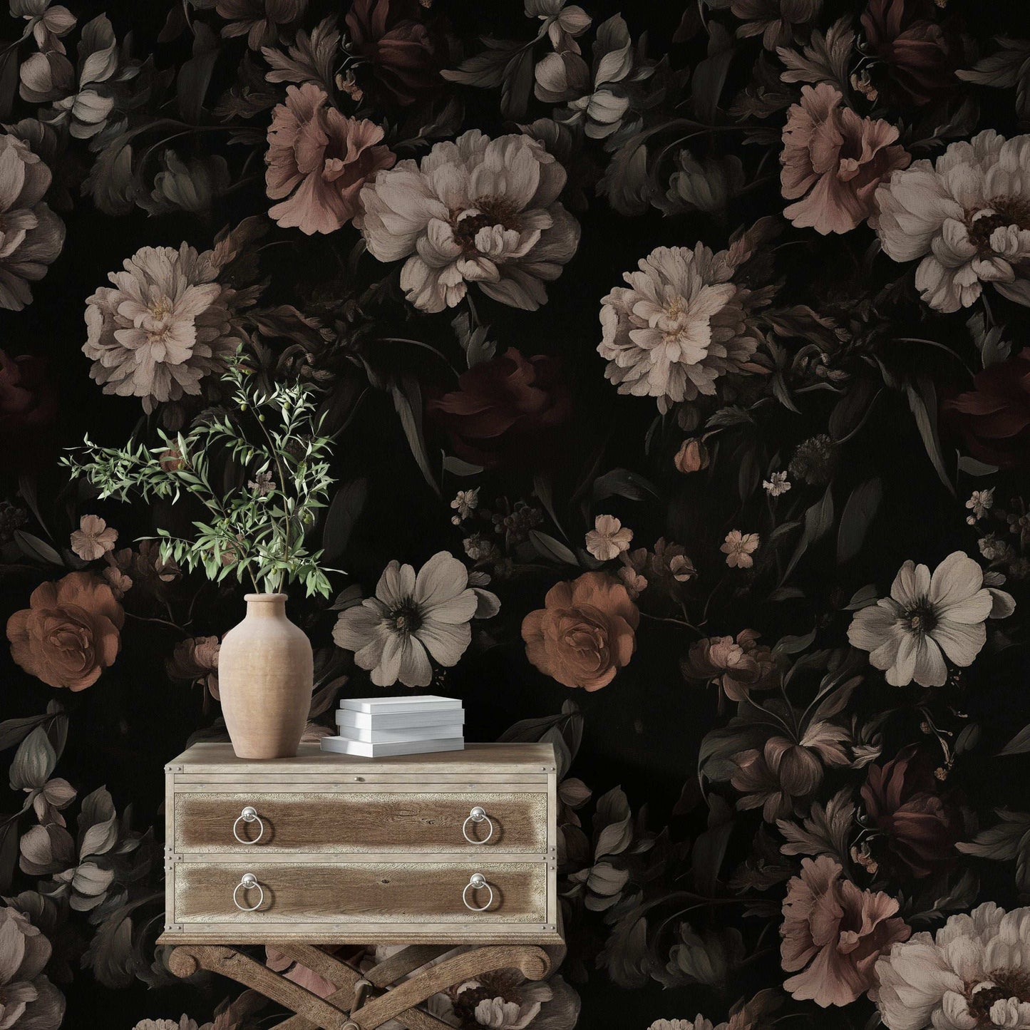 Dark Floral Wallpaper Moody Still Life Flower Mural Elegant Black Background Peel and Stick Roll