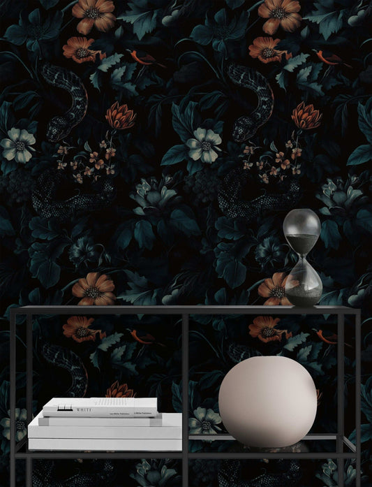 Moody Exotic Floral and Snake Wallpaper Dark Botanical Peel and Stick Wall Mural