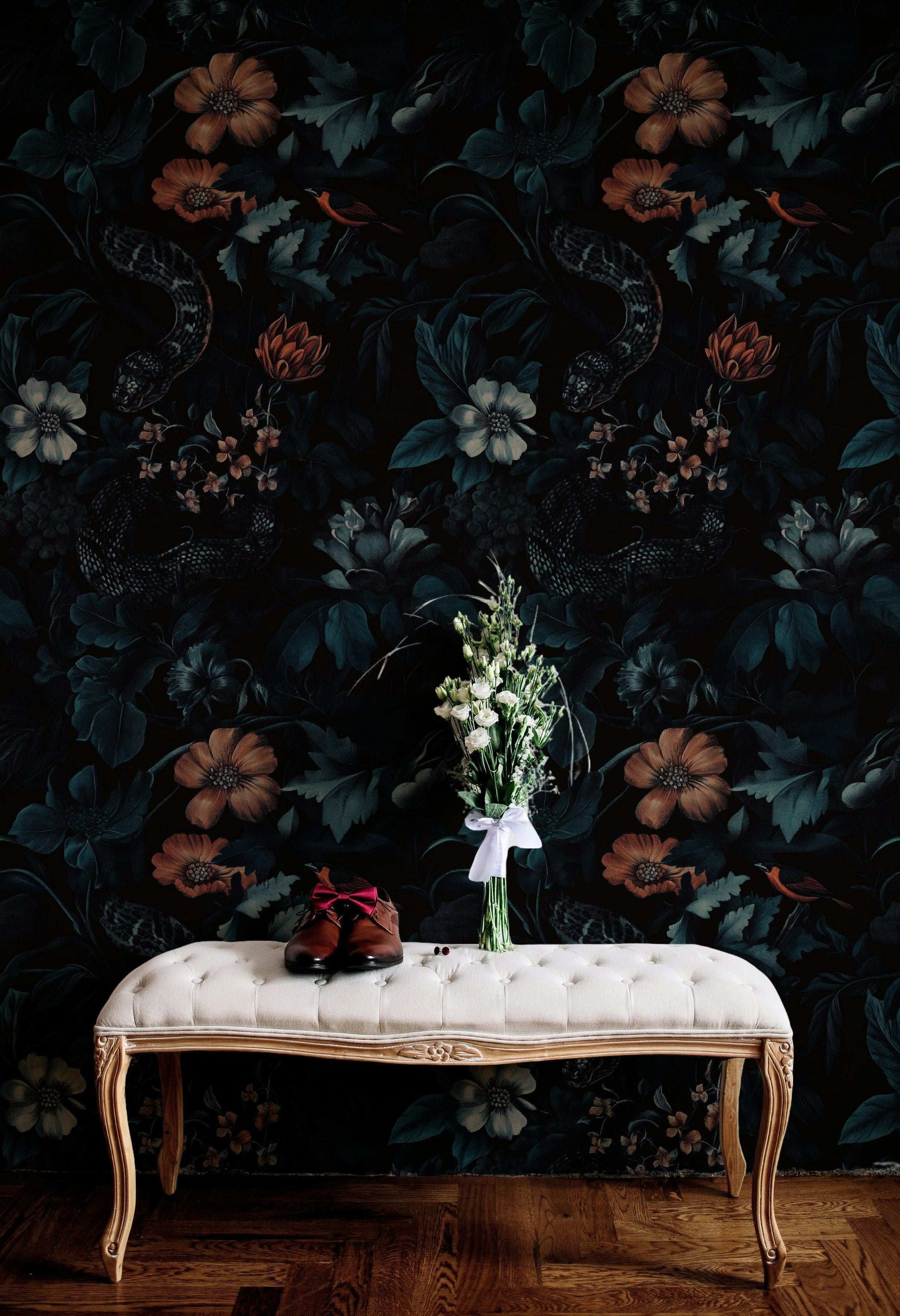 Moody Exotic Floral and Snake Wallpaper Dark Botanical Peel and Stick Wall Mural