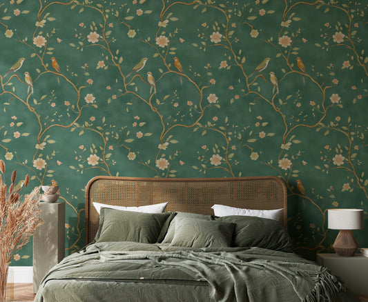 Emerald Chinoiserie Bird and Blossom Wallpaper Elegant Peel and Stick Mural