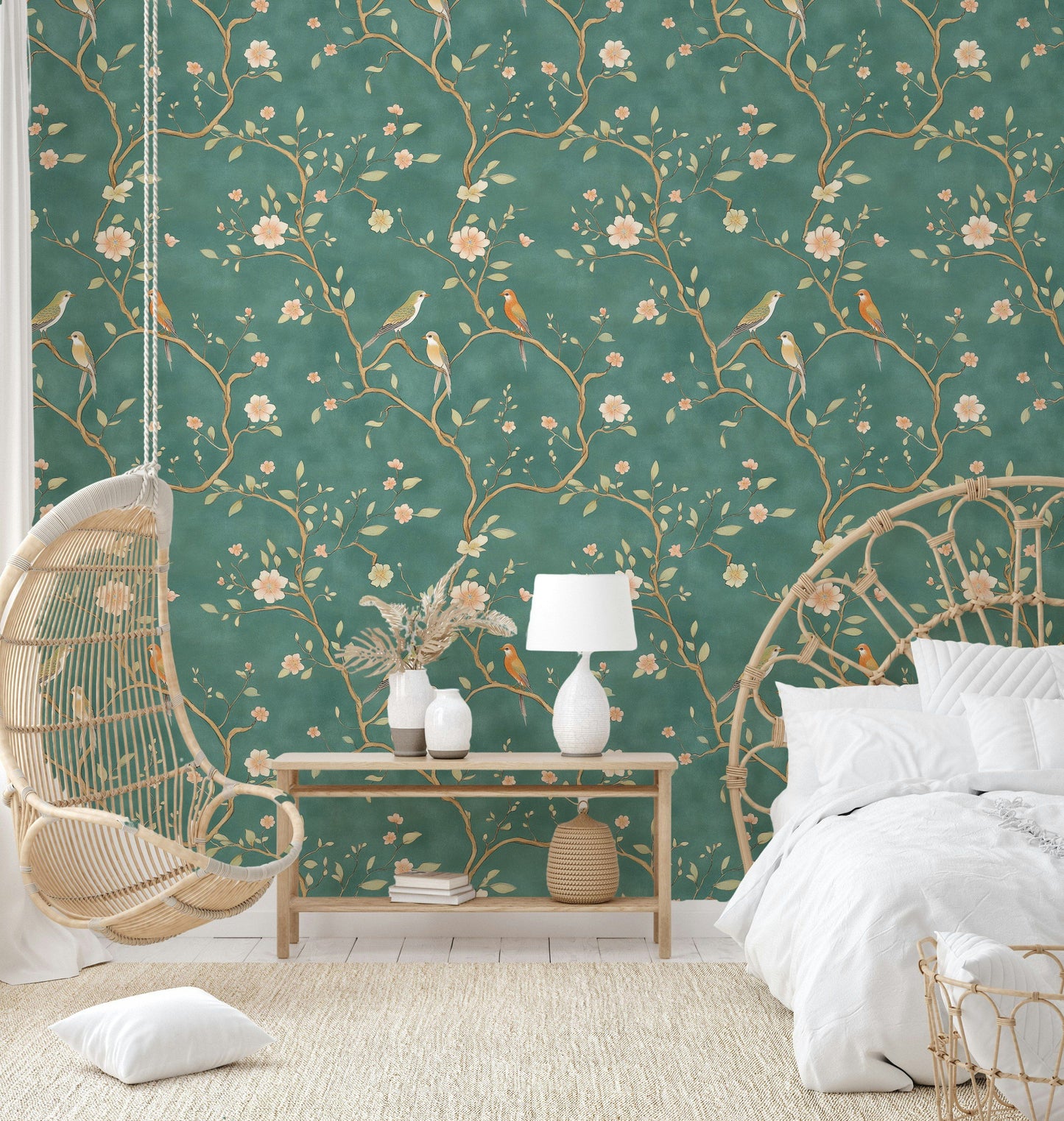 Emerald Chinoiserie Bird and Blossom Wallpaper Elegant Peel and Stick Mural