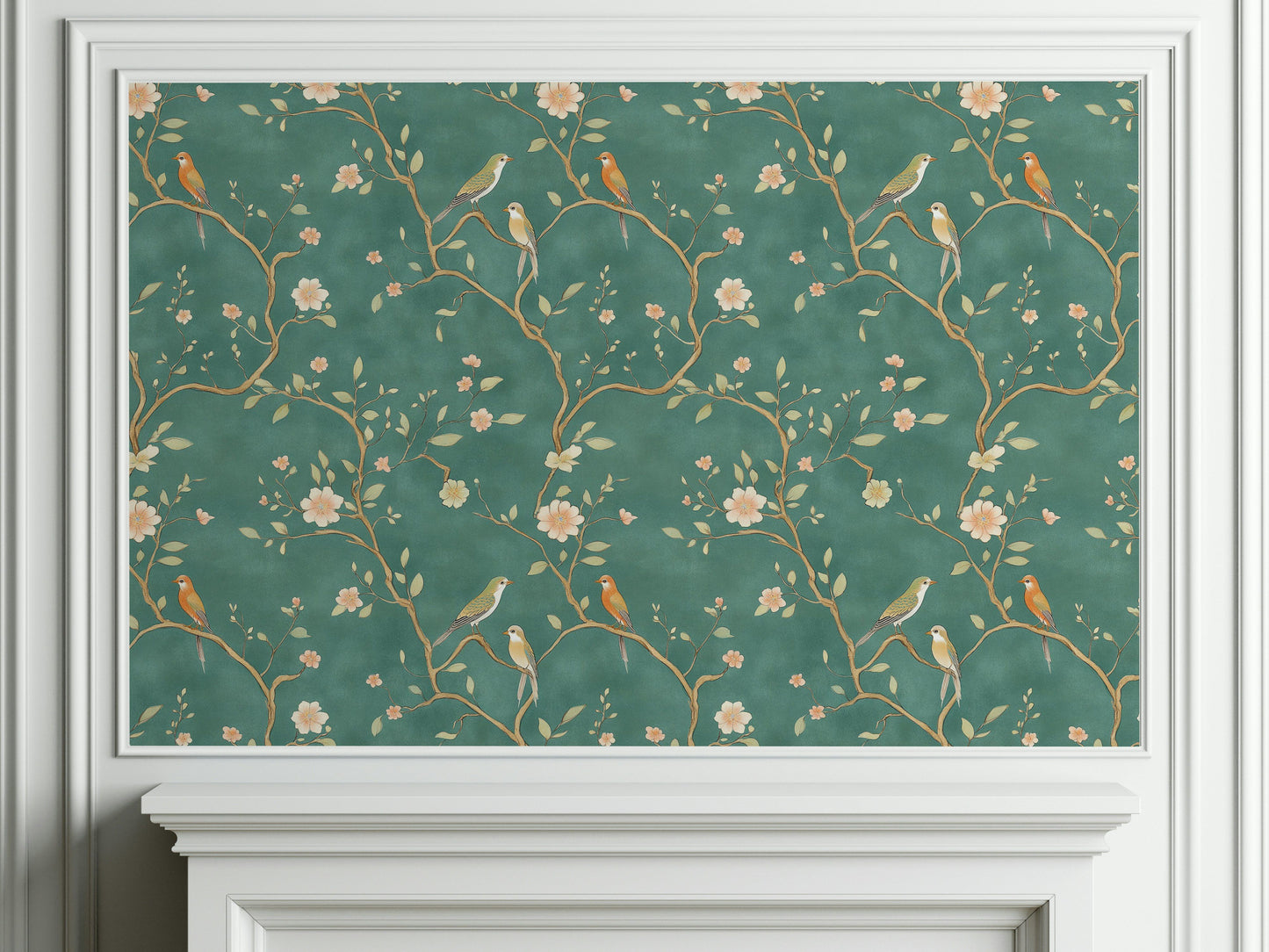 Emerald Chinoiserie Bird and Blossom Wallpaper Elegant Peel and Stick Mural