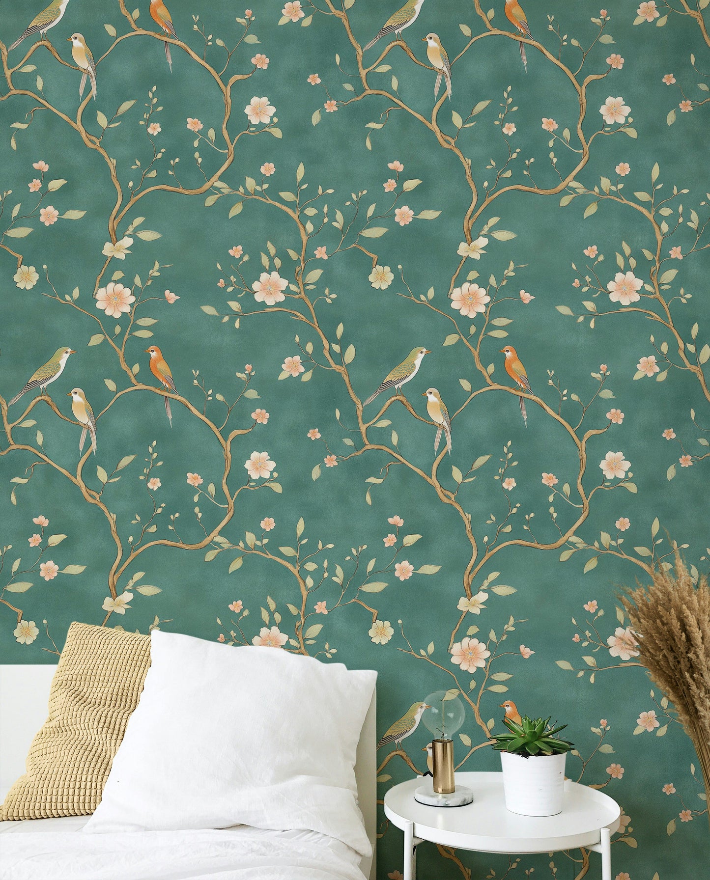 Emerald Chinoiserie Bird and Blossom Wallpaper Elegant Peel and Stick Mural