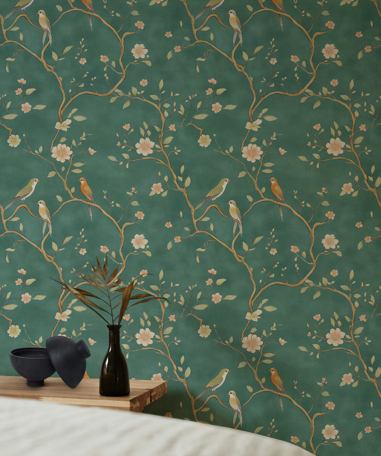 Emerald Chinoiserie Bird and Blossom Wallpaper Elegant Peel and Stick Mural