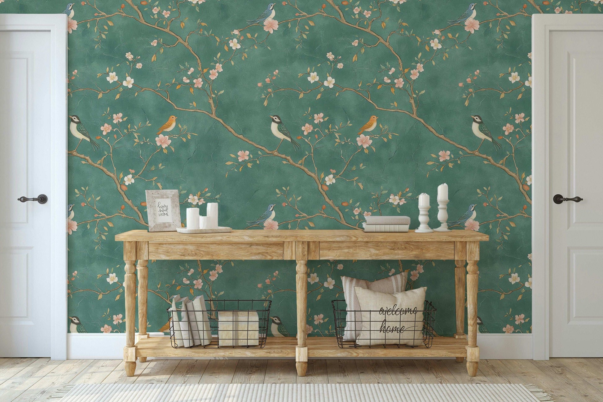 Emerald Garden Chinoiserie Wallpaper Tranquil Bird and Blossom Peel and Stick Mural Vintage Asian-Inspired Wall Art