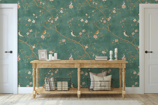 Emerald Garden Chinoiserie Wallpaper Asian-Inspired Wall Art