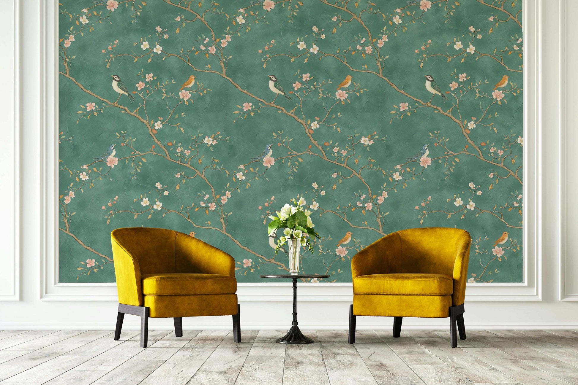 Emerald Garden Chinoiserie Wallpaper Tranquil Bird and Blossom Peel and Stick Mural Vintage Asian-Inspired Wall Art