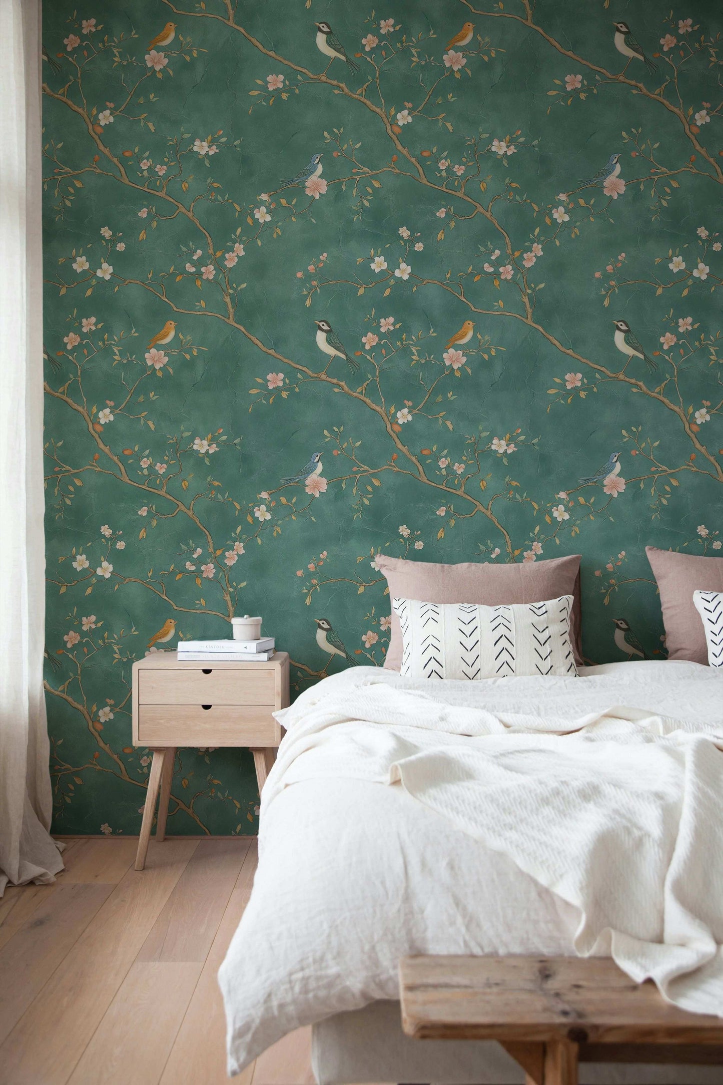 Emerald Garden Chinoiserie Wallpaper Tranquil Bird and Blossom Peel and Stick Mural Vintage Asian-Inspired Wall Art