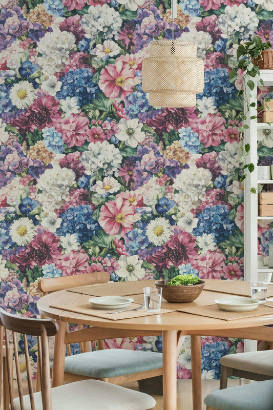 Vibrant Floral Garden Wallpaper Colorful Hydrangeas Peonies and Daisies Peel and Stick Mural