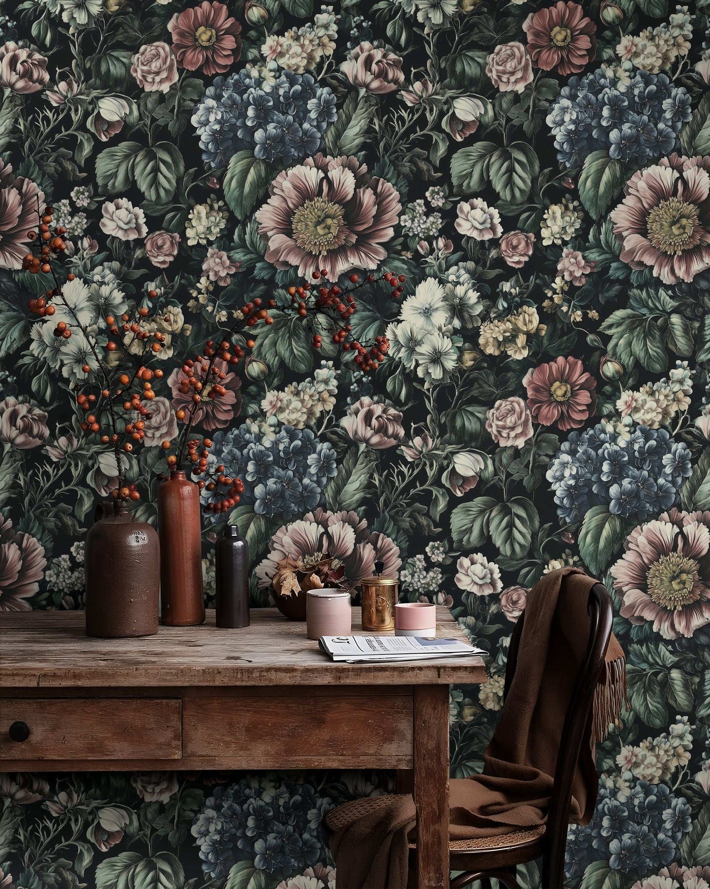 Dark Botanical Floral Wallpaper Richly Detailed Flowers and Roses Peel and Stick Wall Mural