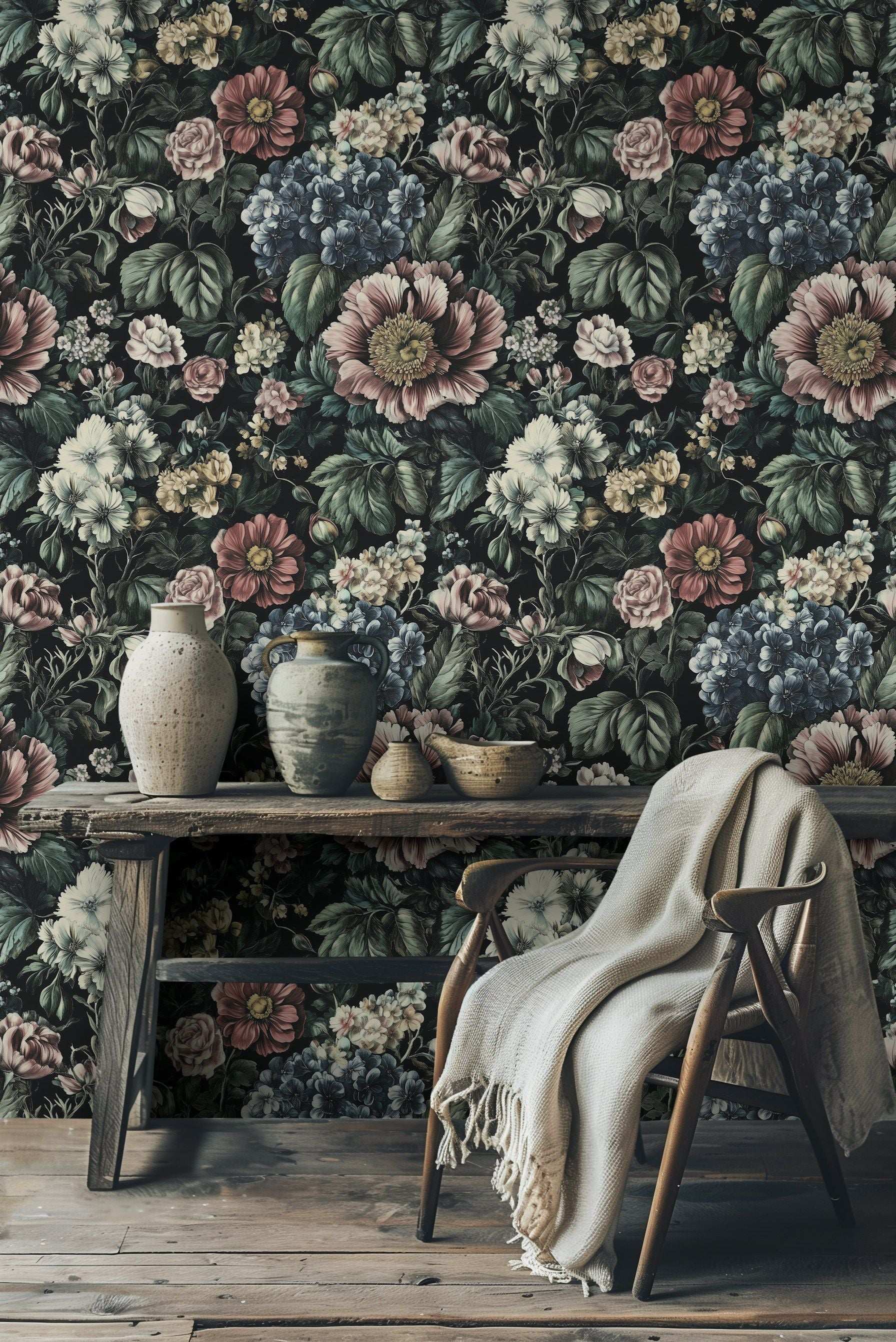 Dark Botanical Floral Wallpaper Richly Detailed Flowers and Roses Peel and Stick Wall Mural