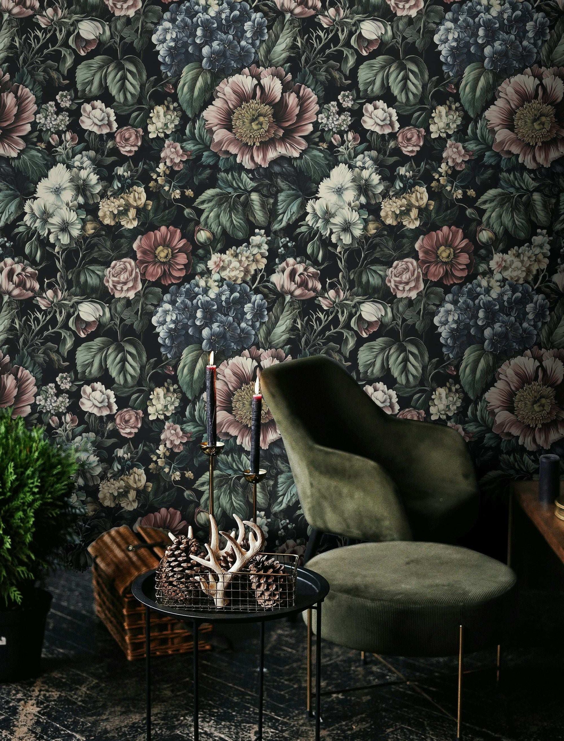 Dark Botanical Floral Wallpaper Richly Detailed Flowers and Roses Peel and Stick Wall Mural