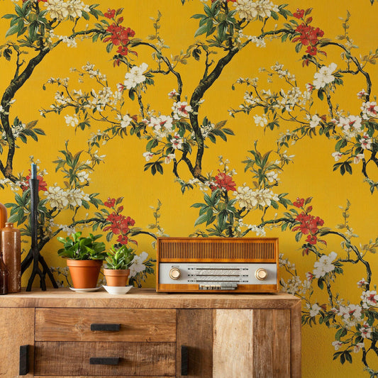 Yellow Floral Wallpaper Asian Botanical Wall Mural Cherry Blossom Peel and Stick Roll