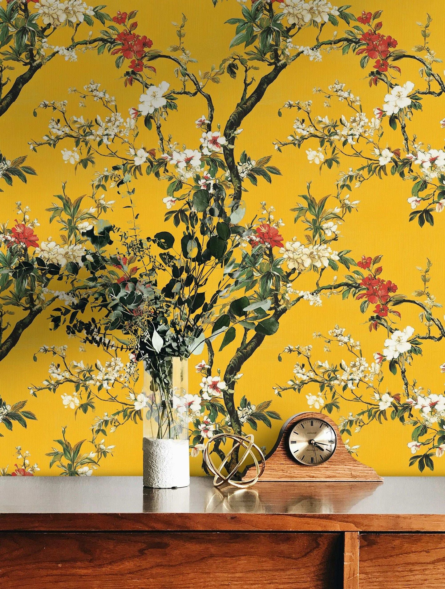 Yellow Floral Wallpaper Asian Botanical Wall Mural Cherry Blossom Peel and Stick Roll