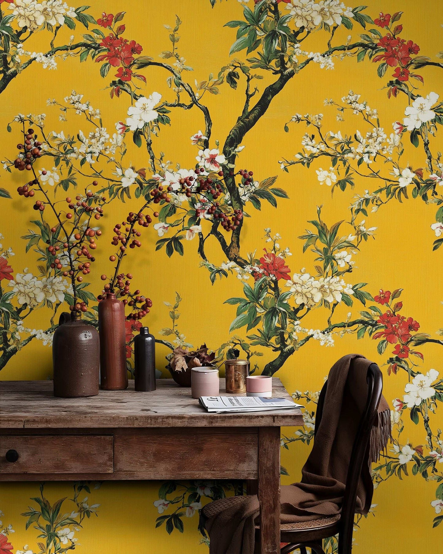 Yellow Floral Wallpaper Asian Botanical Wall Mural Cherry Blossom Peel and Stick Roll