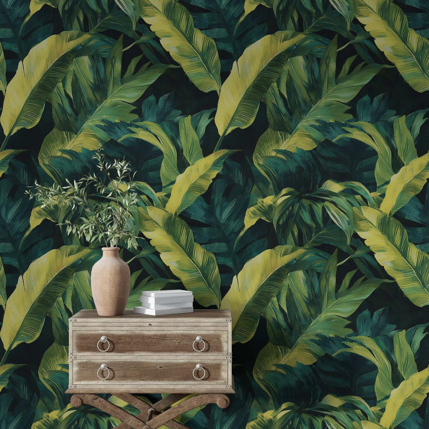 Tropical Banana Leaf Wallpaper Peel and Stick Green Jungle Wall Mural Exotic Nature Design