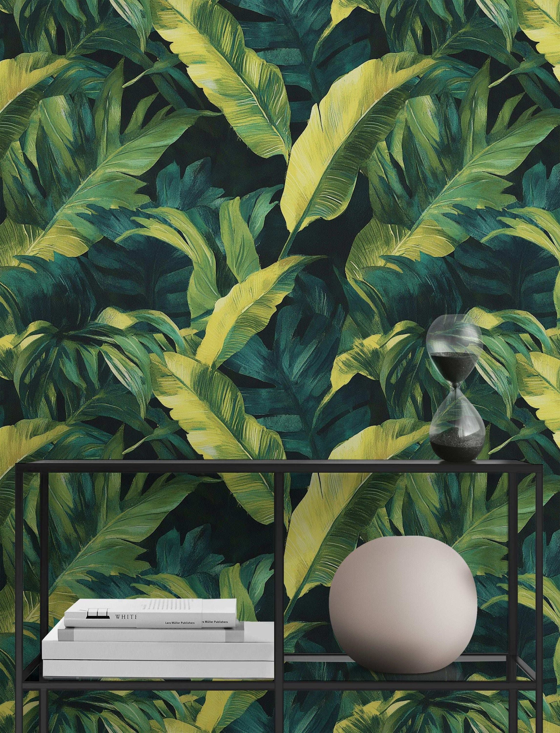 Tropical Banana Leaf Wallpaper Peel and Stick Green Jungle Wall Mural Exotic Nature Design