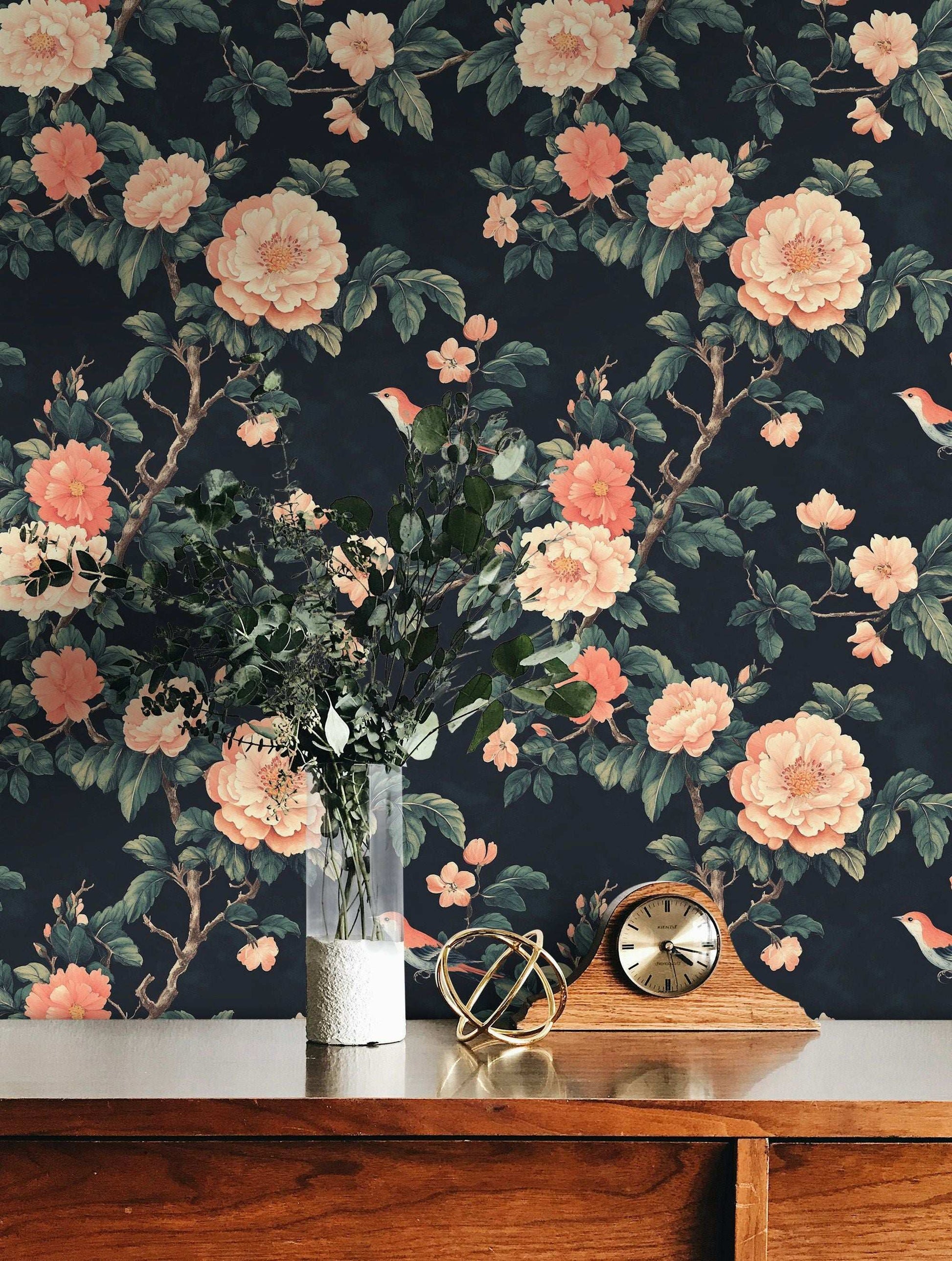 Vintage Floral & Bird Wallpaper Pink Peony Wall Mural Classic Design Peel Stick Roll