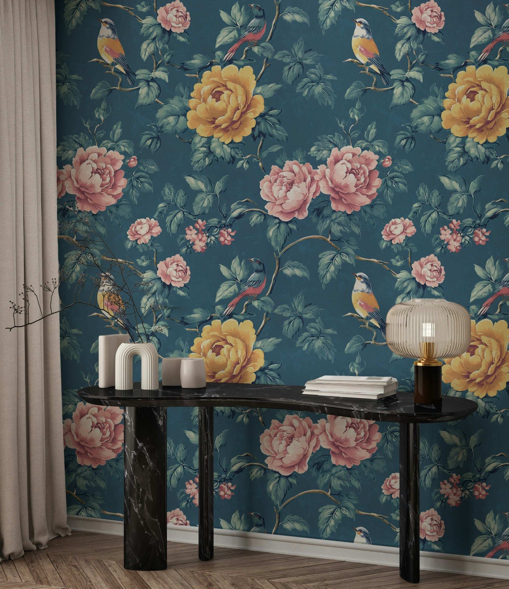 Blue Floral & Bird Wallpaper Peony Garden Wall Mural Vintage Botanical Design