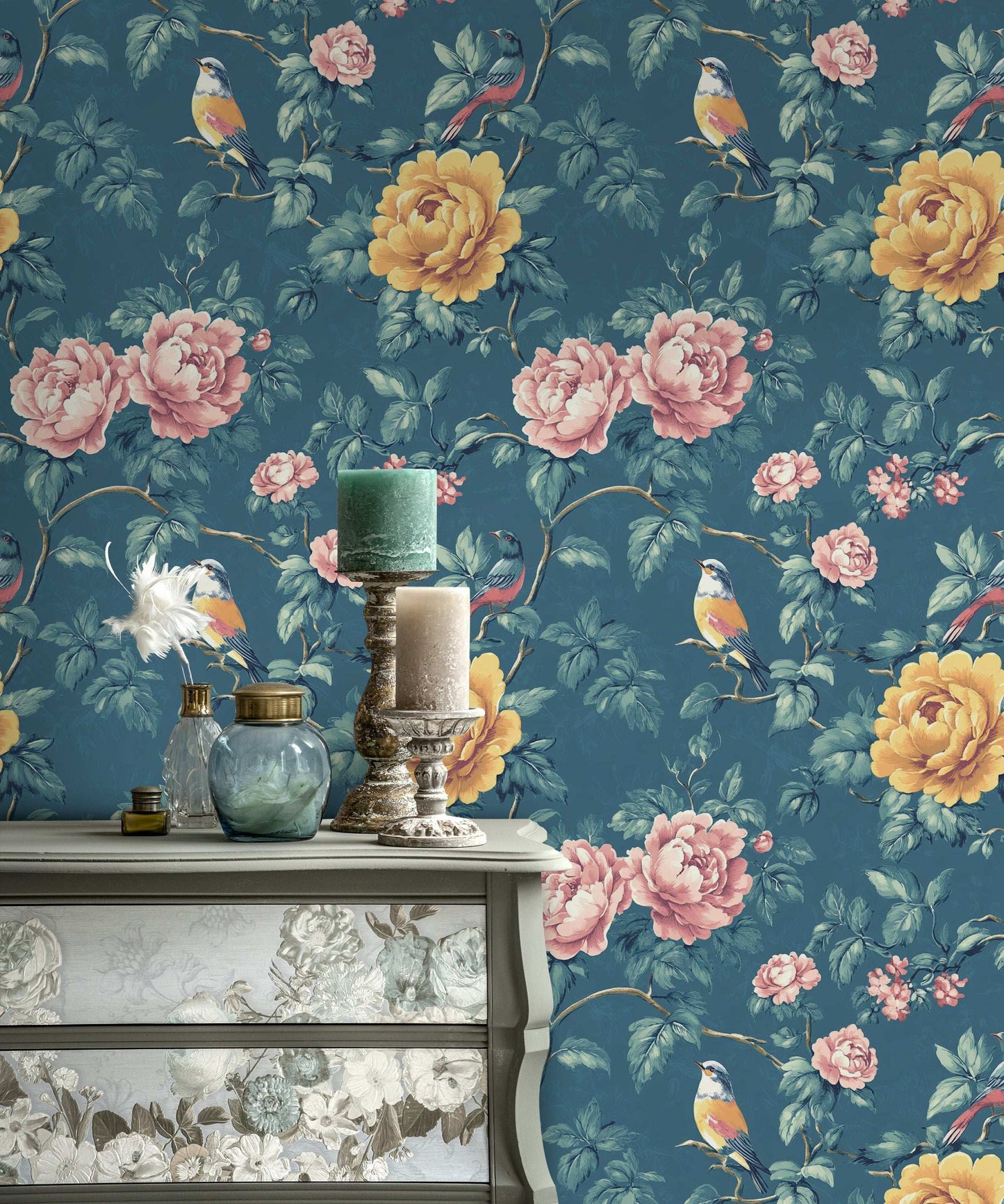 Blue Floral & Bird Wallpaper Peony Garden Wall Mural Vintage Botanical Design