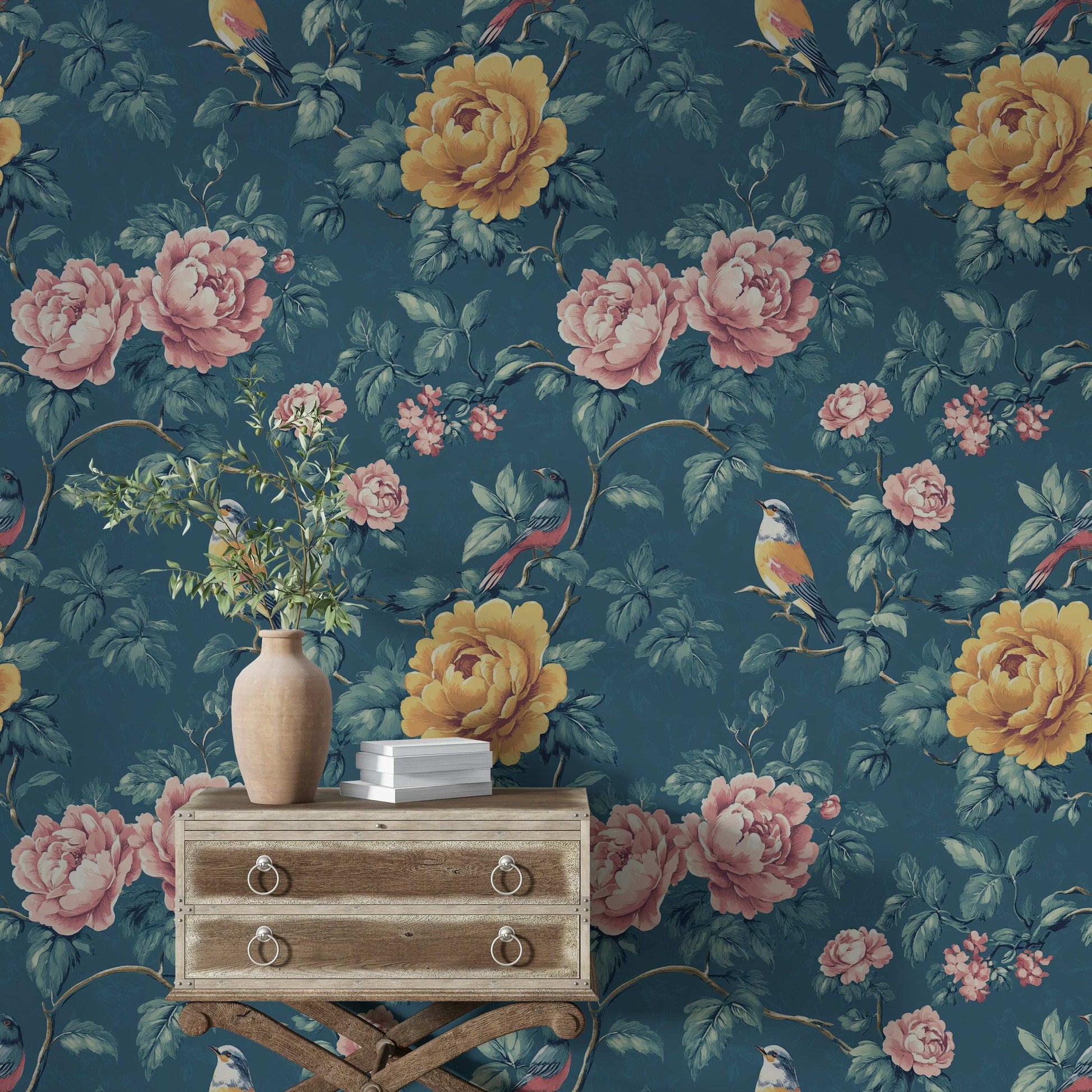 Blue Floral & Bird Wallpaper Peony Garden Wall Mural Vintage Botanical Design