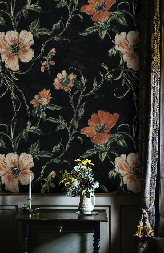 Black Floral Wallpaper Orange Blossom Wall Mural