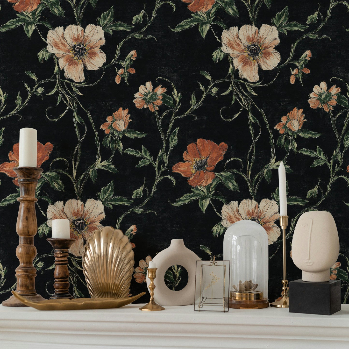 Black Floral Wallpaper Orange Blossom Wall Mural