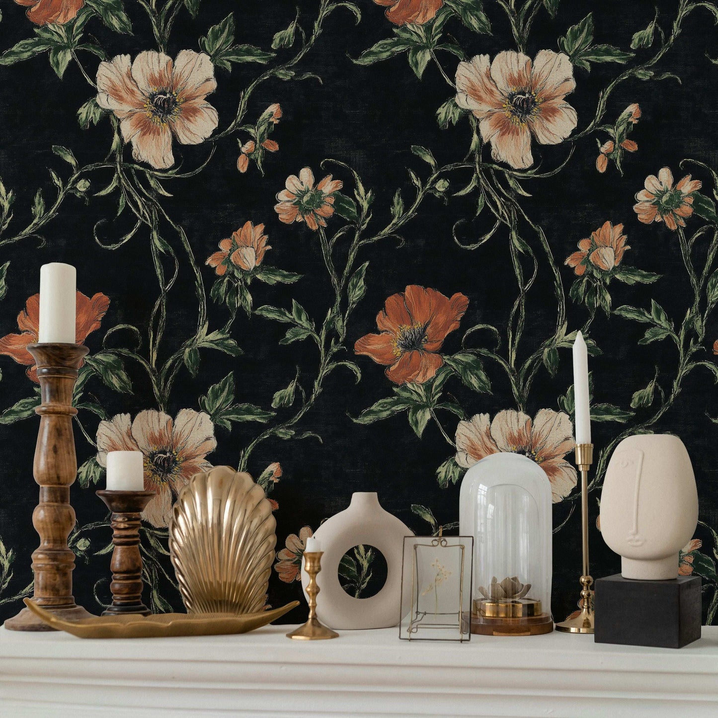 Black Floral Wallpaper Orange Blossom Wall Mural Classic Design Peel and Stick Roll