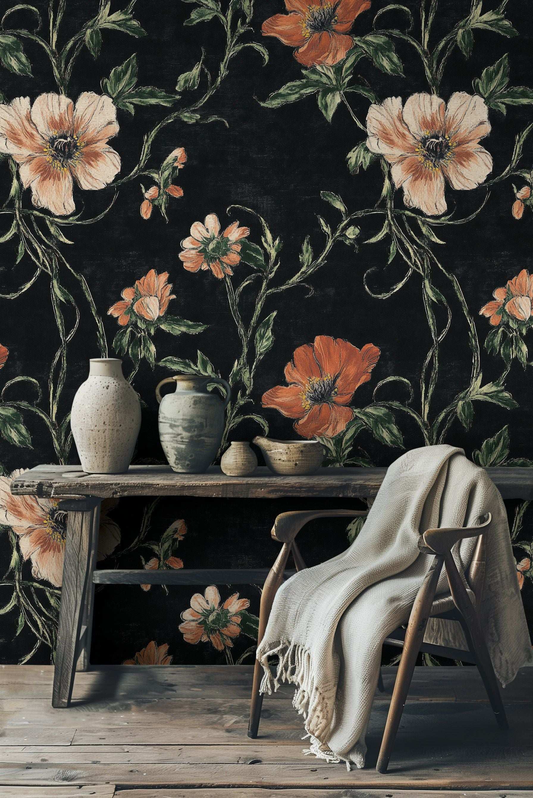 Black Floral Wallpaper Orange Blossom Wall Mural Classic Design Peel and Stick Roll