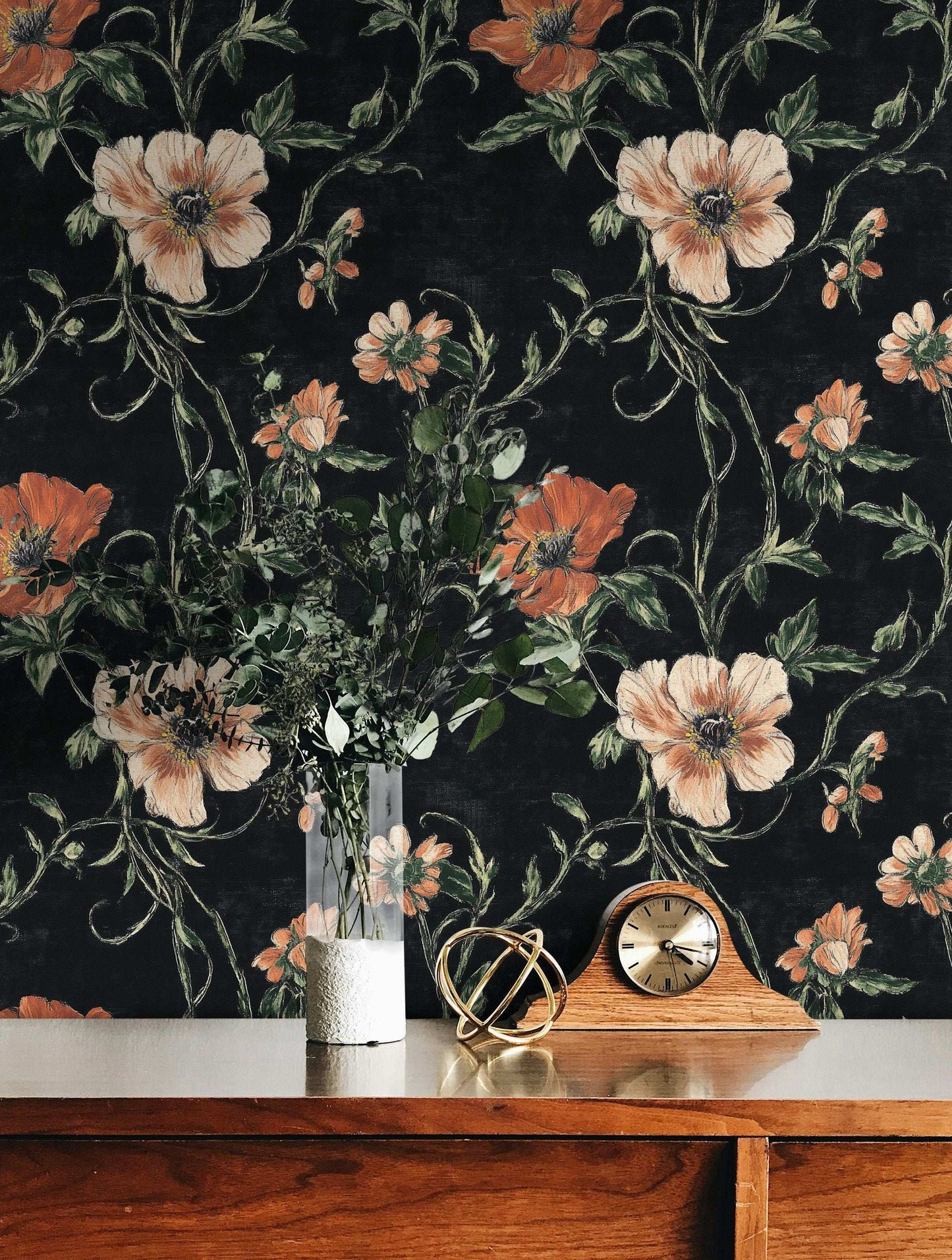 Black Floral Wallpaper Orange Blossom Wall Mural Classic Design Peel and Stick Roll