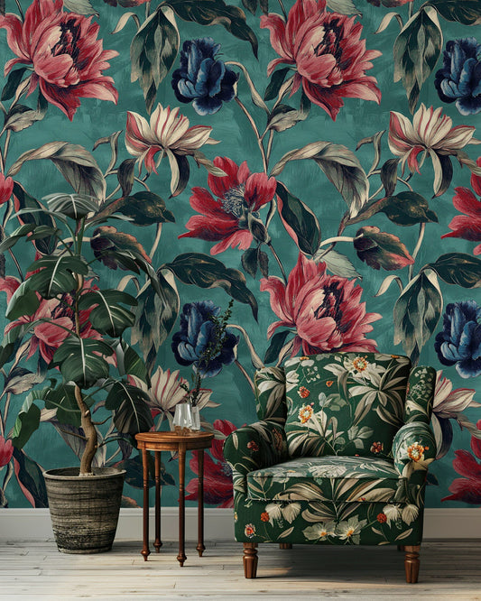 Bold Botanical Wallpaper Vibrant Red and Blue Floral Mural