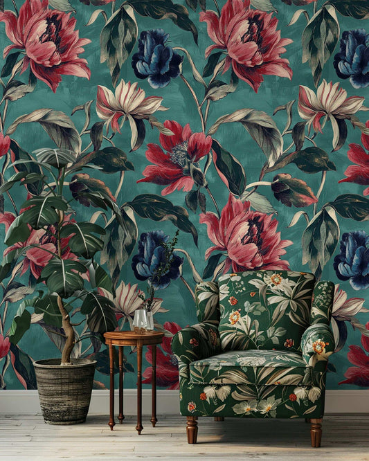 Bold Botanical Wallpaper Vibrant Red and Blue Floral Peel and Stick Mural