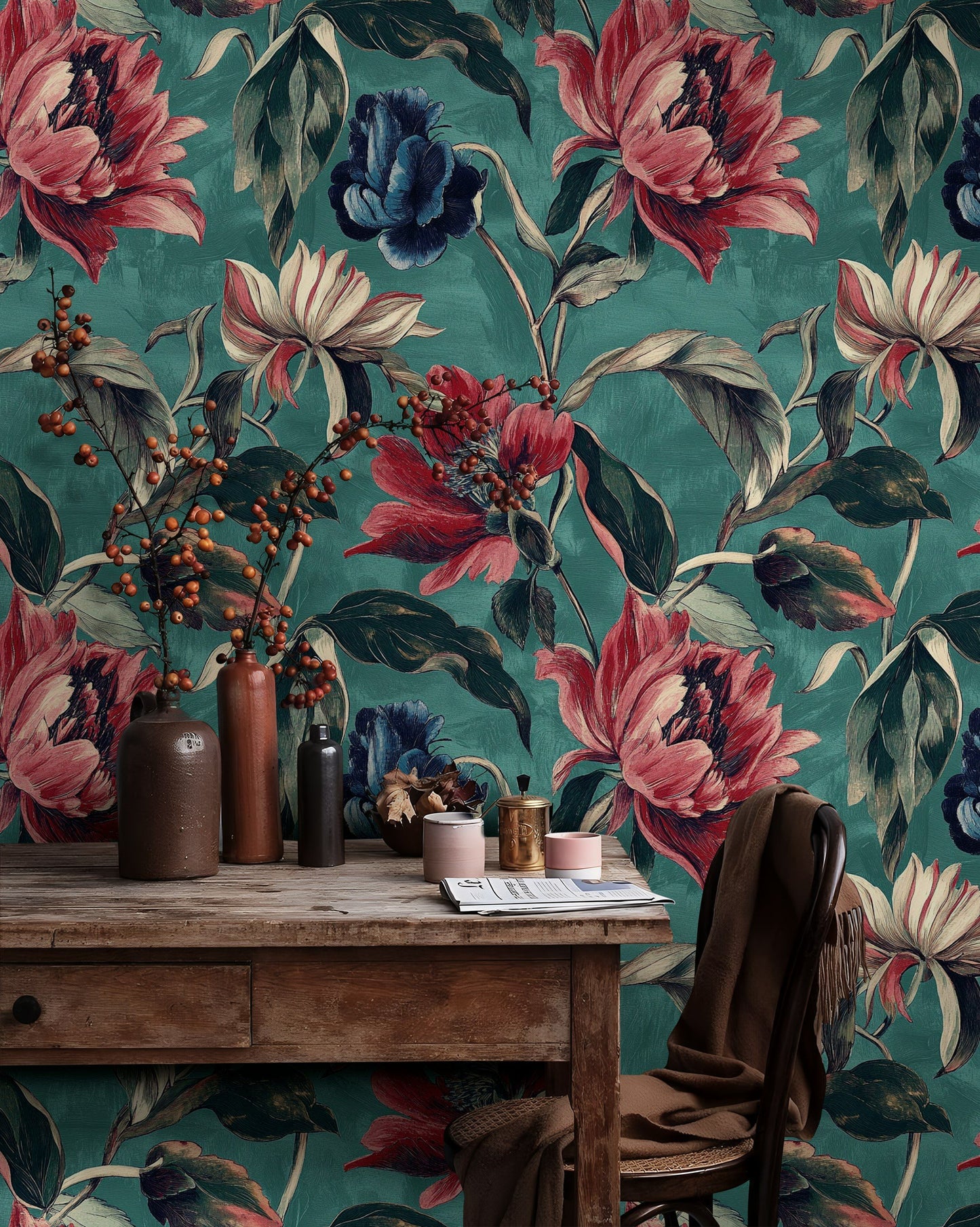 Bold Botanical Wallpaper Vibrant Red and Blue Floral Mural