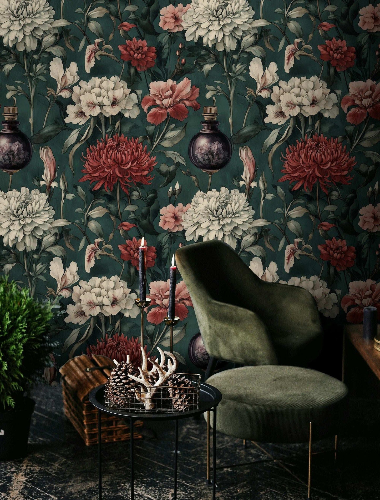 Elegant Vintage Floral Wallpaper with Dark Green Mural Peel and Stick Roll