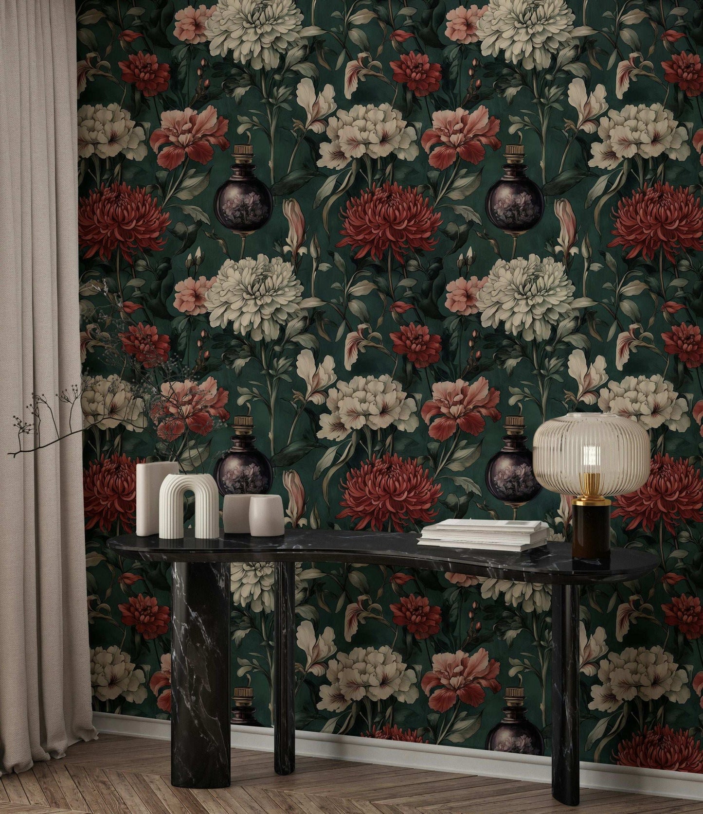 Elegant Vintage Floral Wallpaper with Dark Green Mural Peel and Stick Roll