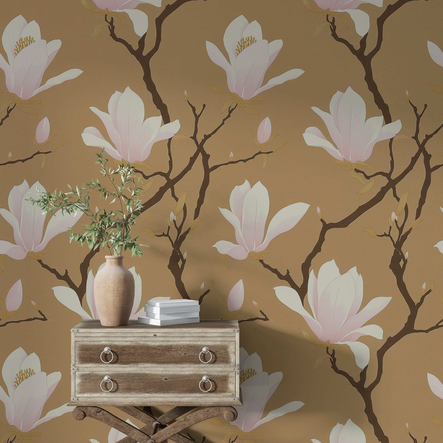 Elegant Magnolia Blossom Wallpaper Peel and Stick Floral Design Beige and Pink Magnolia Wall Decor