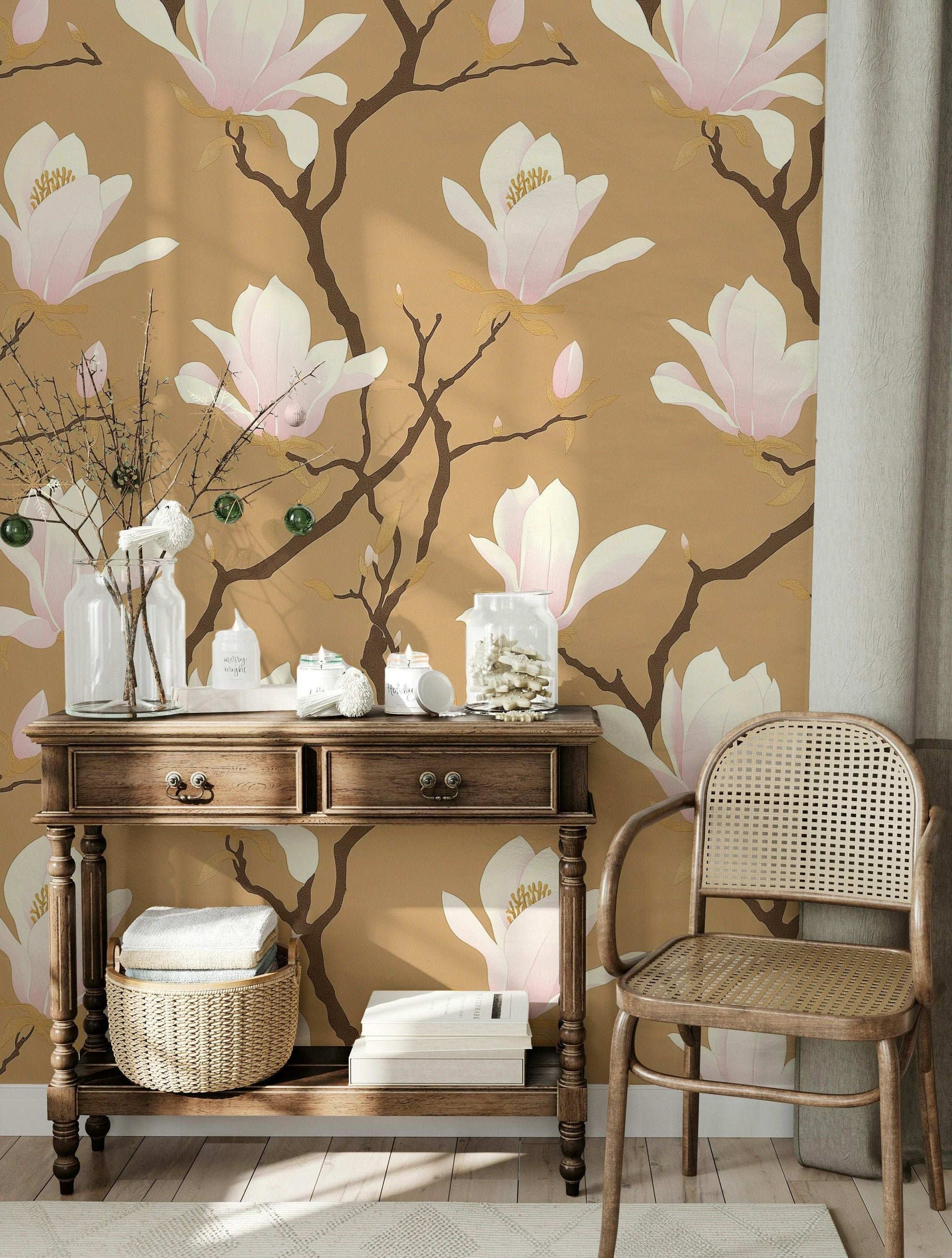 Elegant Magnolia Blossom Wallpaper Peel and Stick Floral Design Beige and Pink Magnolia Wall Decor