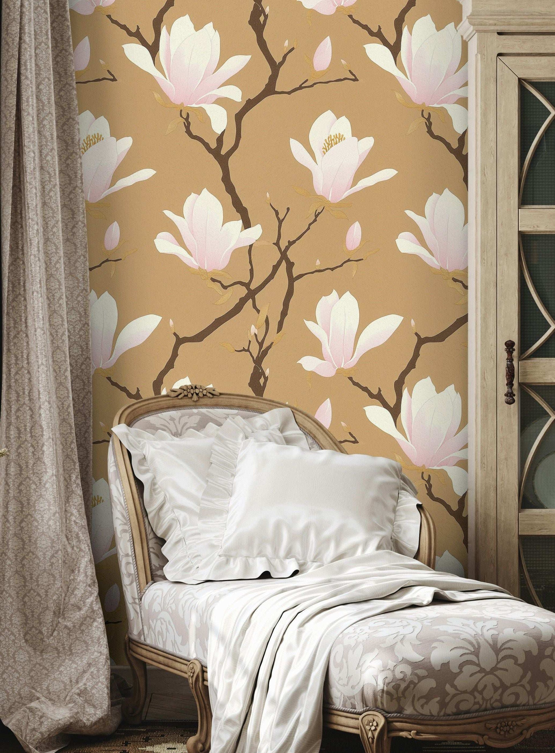 Elegant Magnolia Blossom Wallpaper Peel and Stick Floral Design Beige and Pink Magnolia Wall Decor